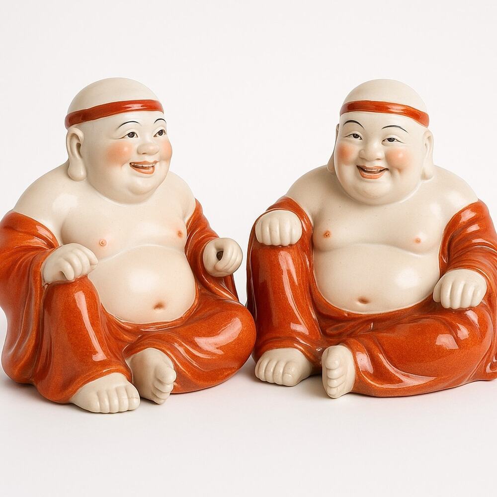 Vtg Chinese Porcelain Laughing Buddha Figure Red Robe Wucai Jingdezhen Pair
